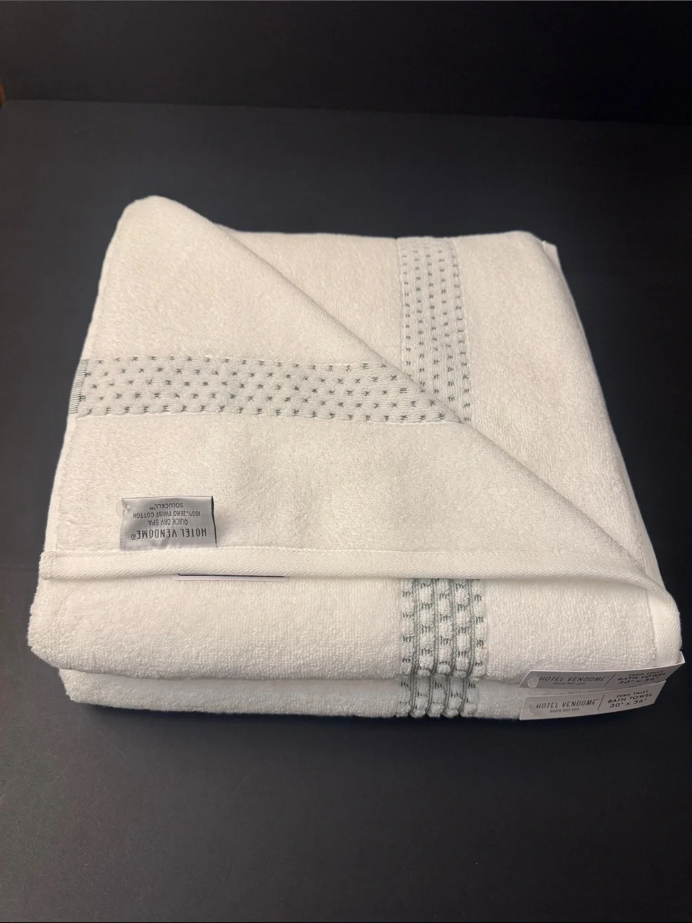 2pc HOTEL VENDOME Quick Dry Spa 100% Zero Twist Cotton Bath Towel Set -Wht/Green